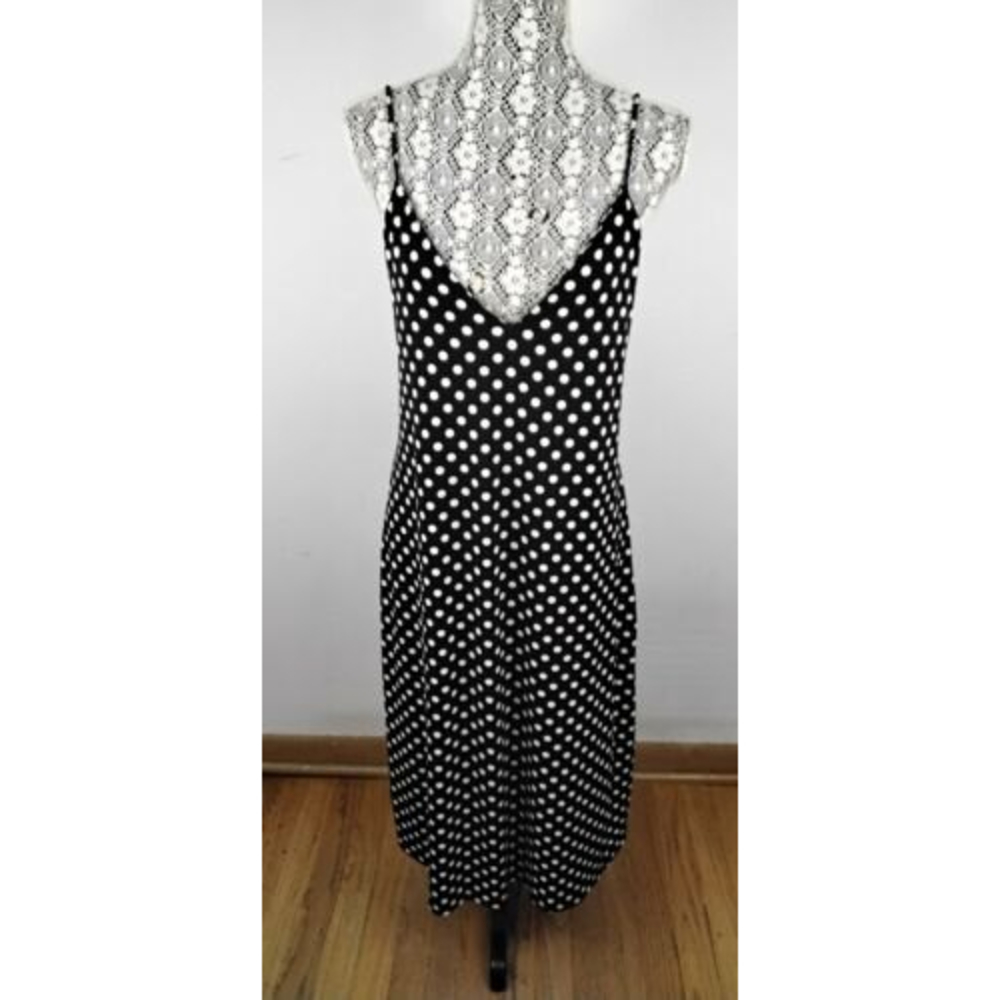 Women Sleeveless Black White Polka Dot Strappy Midi Dress Measurements Small